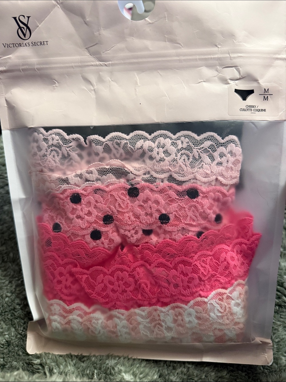 5 Victoria's Secret Pink Lace CHEEKY Set, Lacy, Pink, Black, Polka Dots, Medium